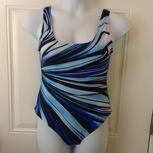 Blue black and white horizontal striped one piece swimsuit